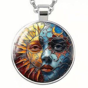 SIlver CELESTIAL Sun Moon Glass Cabochon Pendant Necklace